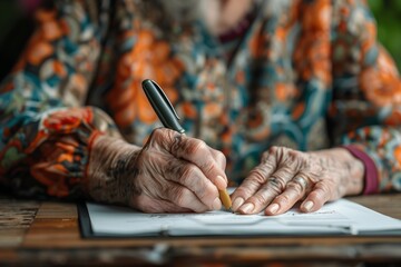 Elderly Woman Signing Retirement Plan Papers at Home