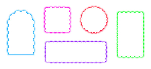 Set of colorful arch, square, circle and rectangle frames with wavy edges. Geometric shapes with wavy borders in blurry neon aura effect isolated on white background. Vector illustration.