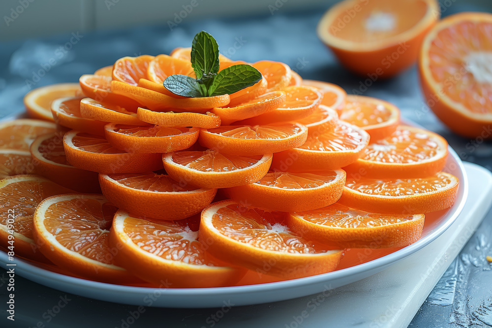 Sticker orange slices arranged to create a flower. concept of vitamin c intake. generative ai.