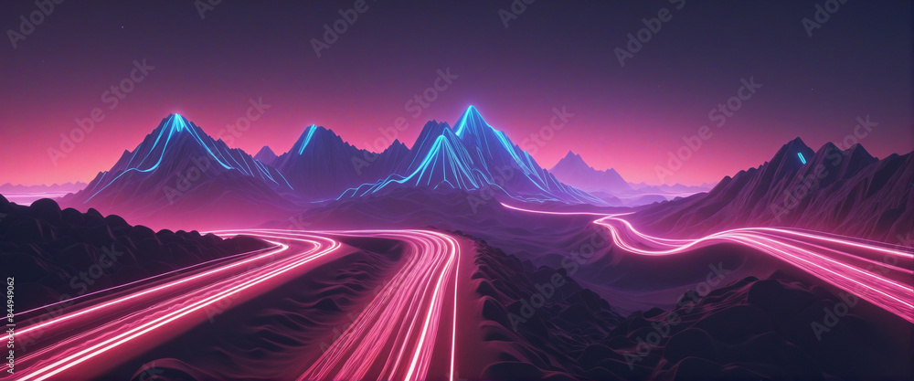 Poster Futuristic three-dimensional neon landscape with dynamic lines in motion, creating a surreal panorama of glowing energy and speed in a virtual world
