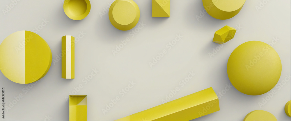 Poster geometric minimalist composition featuring monochromatic yellow circles in a three-dimensional abstr