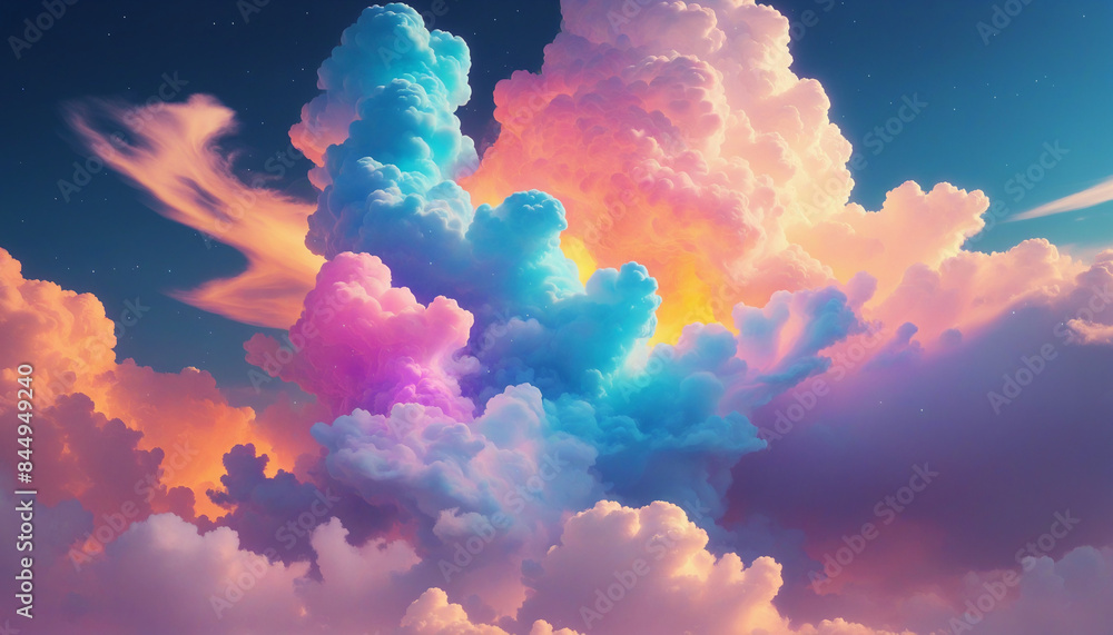 Poster 3d render of a vibrant neon sky with floating clouds, creating a magical and futuristic atmosphere