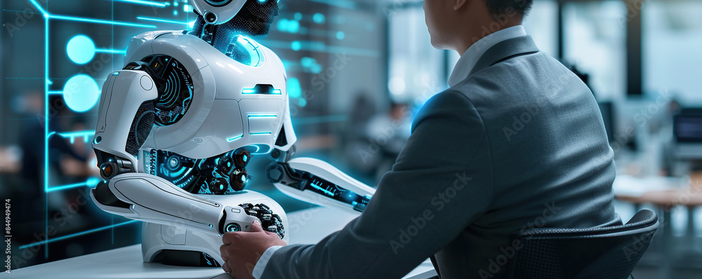 Poster man interacting with ai robot in modern office. ai generative