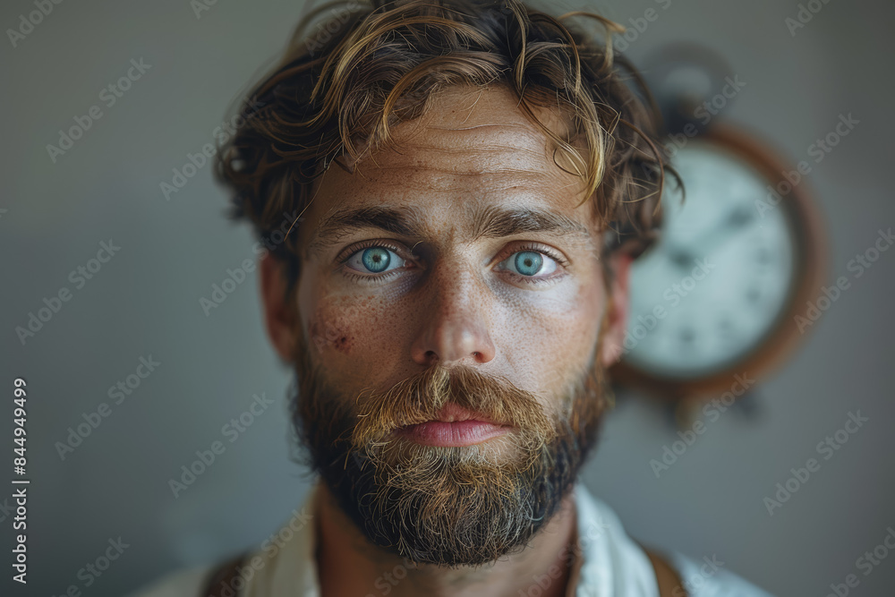 Poster a man with a clock for a face. concept of time awareness. generative ai.