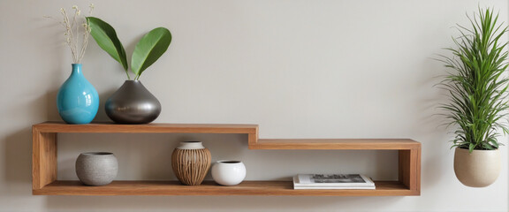 A stylish collection of natural teak wood shelf with vases setup for organic interior decoration, featuring a blend of modern and classic design elements