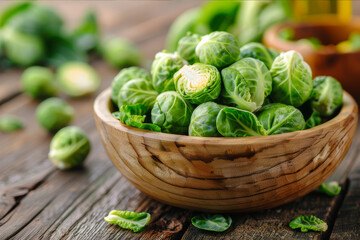 A rustic wooden bowl filled with fresh Brussels sprouts, with a vibrant green color, sitting on a wooden kitchen table.. AI generated.