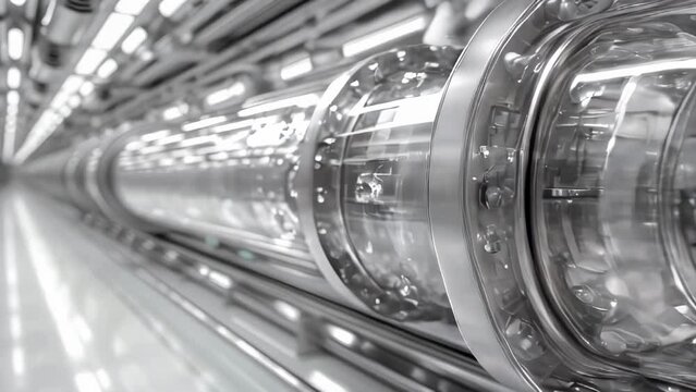 Industrial interior of a power plant. Shiny steel pipes and equipment
