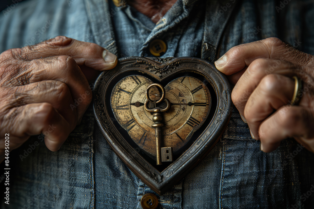 Poster a person with a keyhole in their chest and a clock key turning inside it. concept of time and the hu