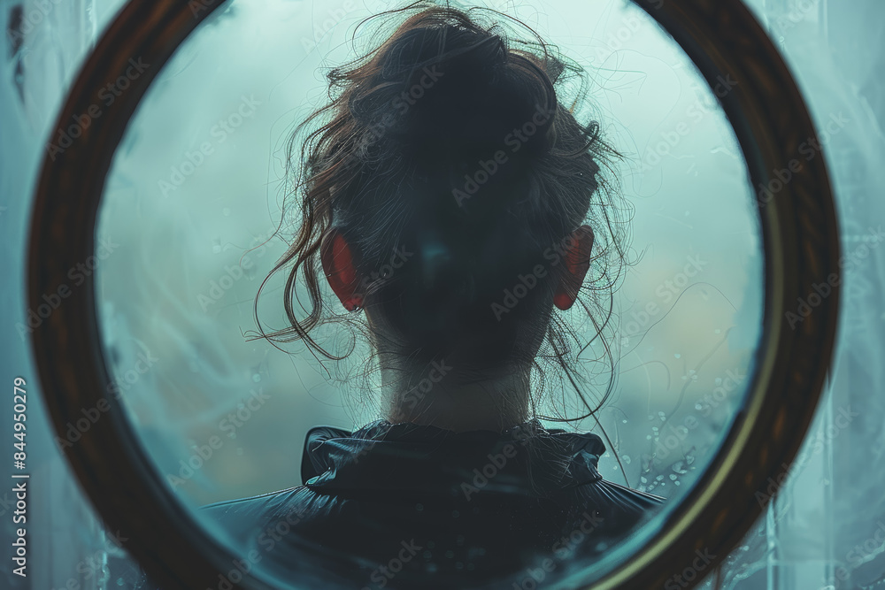 Poster a person standing in front of a mirror with a reflection showing them aged. concept of aging and tim