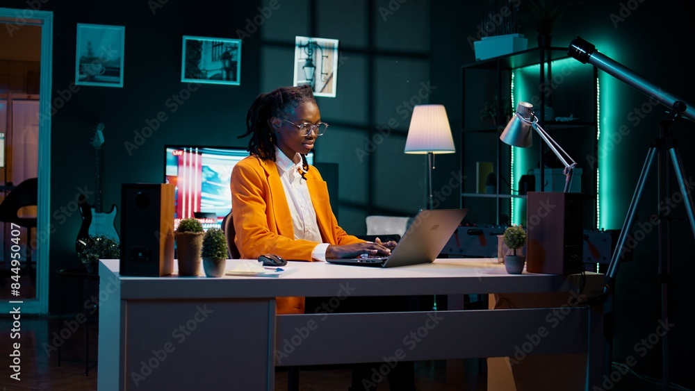 Poster young woman resolving her school homework and acquiring additional information, participating in onl