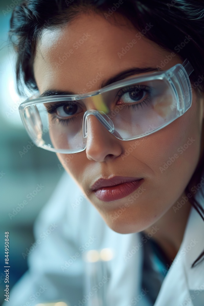 Poster focused female scientist analyzing experiment results in lab with advanced technology, showcasing ex