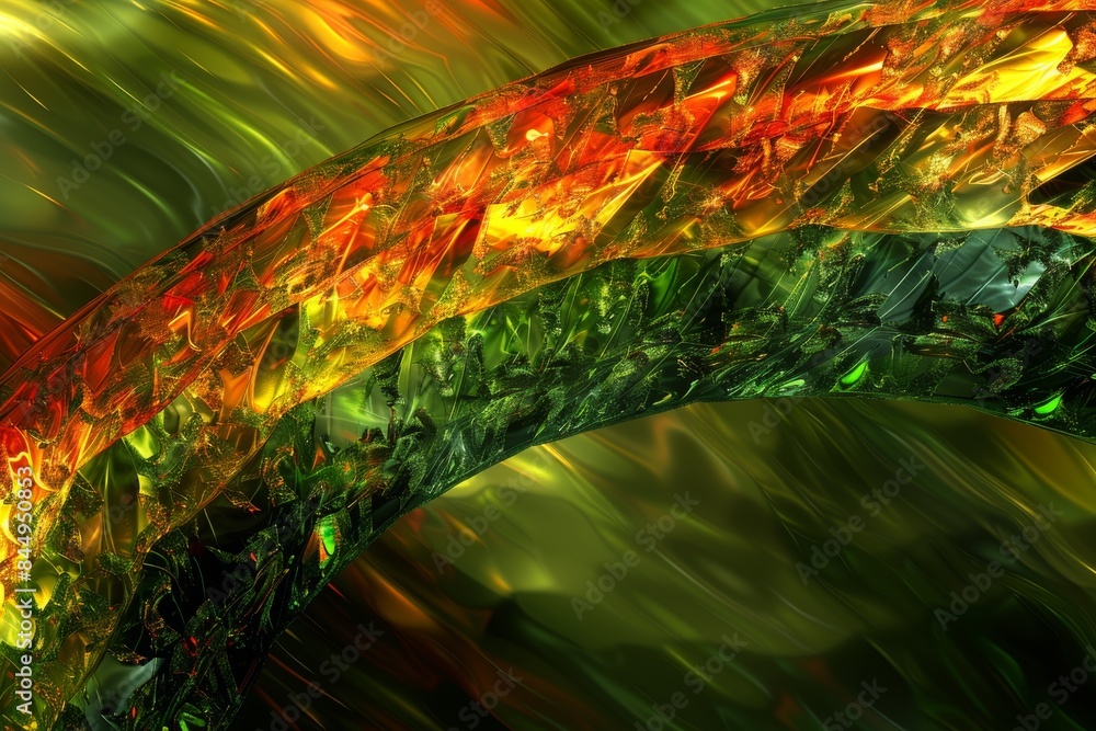 Poster abstract art with golden and green hues, featuring a dynamic and flowing design that captivates the 