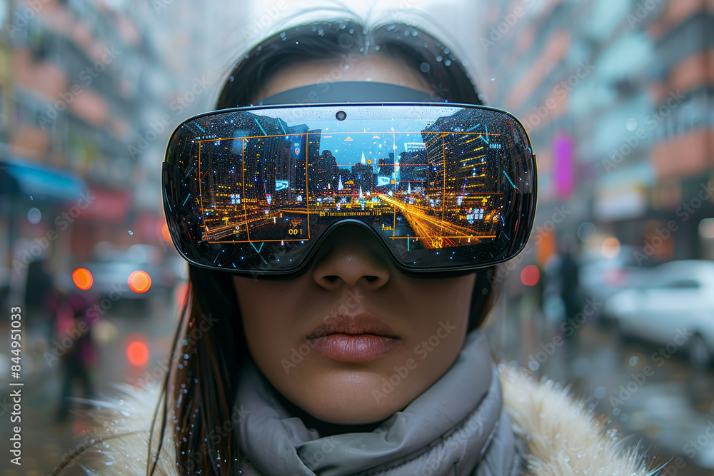 Poster a person using augmented reality glasses to navigate a city. concept of augmented reality and urban 