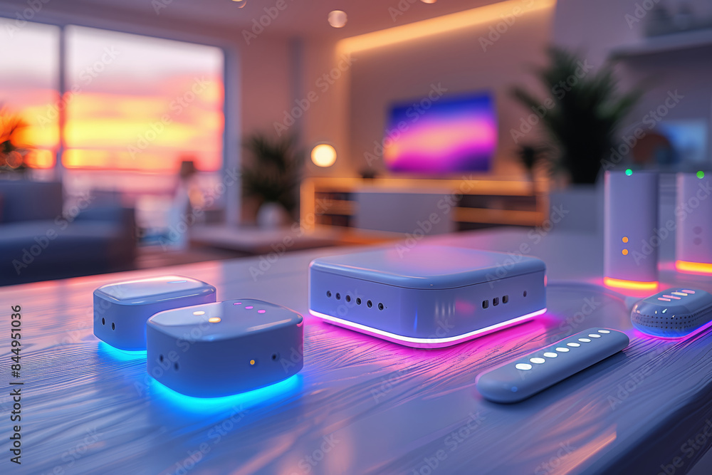 Poster a smart home hub controlling various devices with voice commands. concept of home automation technol