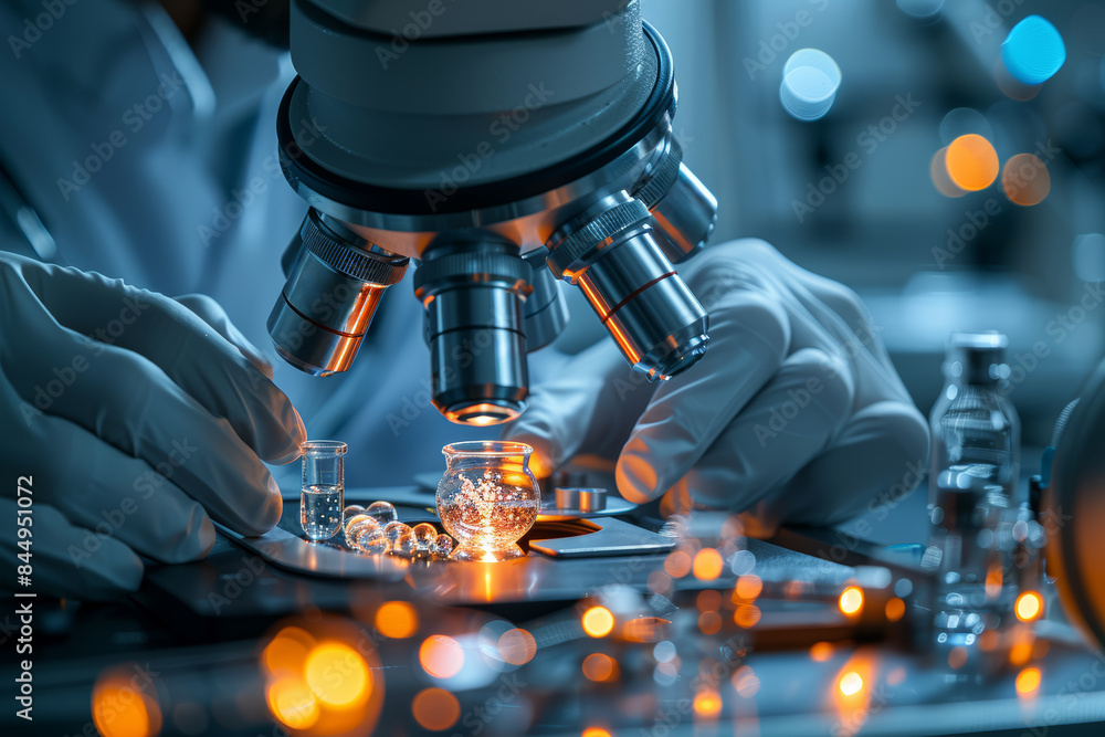 Poster a scientist examining a sample with a high-tech microscope. concept of cutting-edge medical research