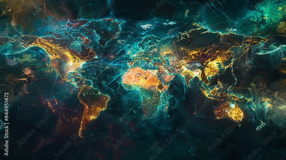 Poster global network and connection, map with lights