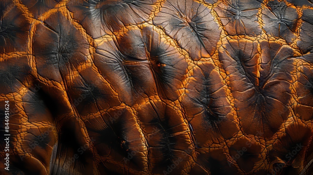 Aufkleber closeup on leather showing wrinkles and a distinctive pattern creating a textured background