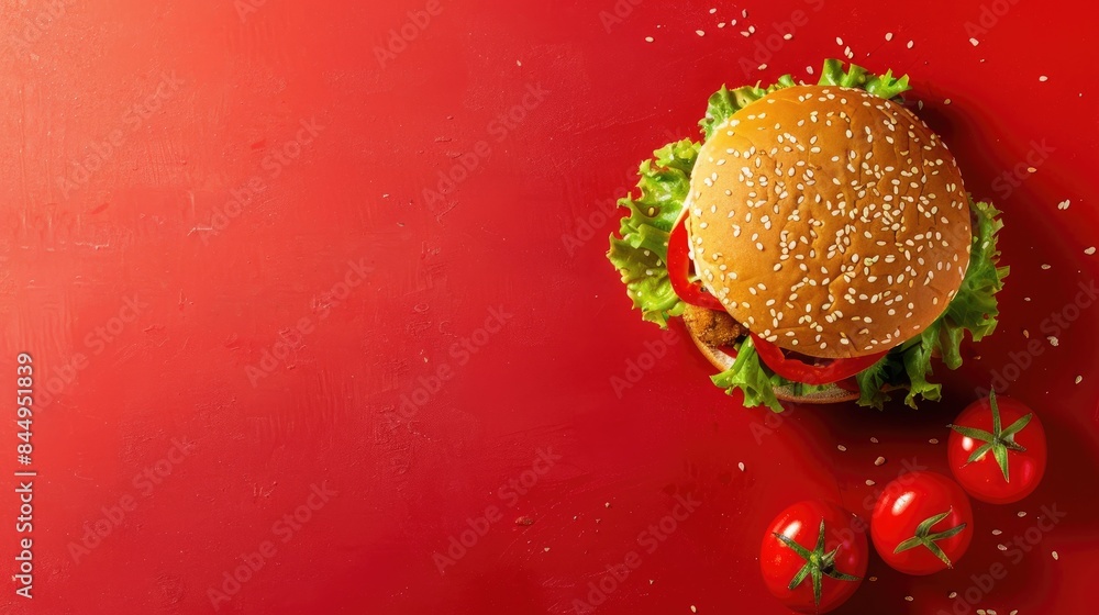 Poster Top view of fried cutlet burger with vegetables and empty space for text