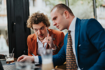 Two businessmen in a serious discussion at a modern coffee bar. One is pointing at a laptop screen, with drinks on the table.
