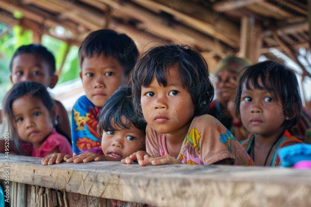 Wall mural Unidentified Thai children sitting on wooden bench and looking at the camera in the market.