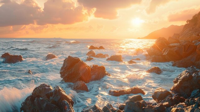 Scenic coastal view with sunlit rocks in a time exposed image