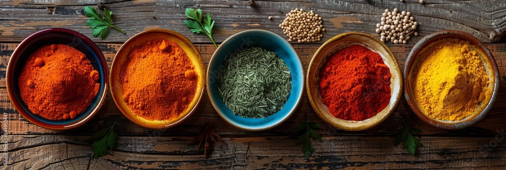 Poster a top-down view of various colorful spices arranged in beautiful ceramic bowls on a rustic wooden su