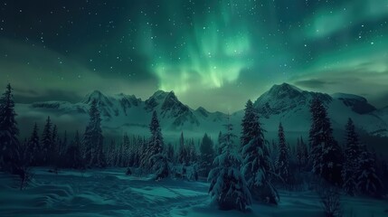A beautiful landscape night sky with a green aurora in mountains background.