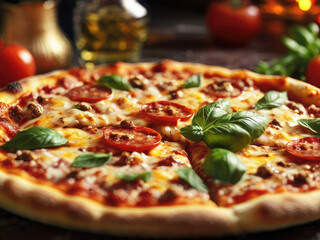 Homemade pizza made of dough with vegetables and cheese, Food prepared at home.