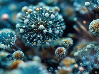 Microscope view of mold fungus spore. Microbiology laboratory research.