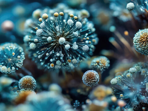 Microscope view of mold fungus spore. Microbiology laboratory research.