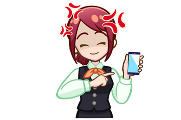 スマホを持って怒る笑顔の女性