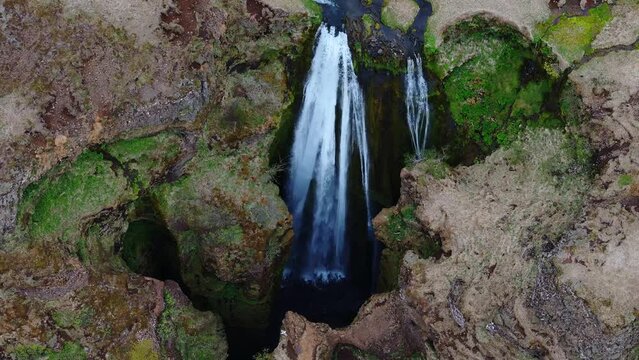 Aerial view of Gljufrabui Waterfall in Iceland, One of the most beautiful waterfalls on the Iceland cave