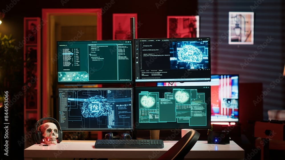 Poster hacker in hideout interrupted by police sirens from writing malware code on computer, running to esc