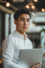 Fototapeta premium Confident young asian businessman in modern office with laptop exudes determination and ambition. White-shirted professional embodies success and seriousness, with blurred background for copy space