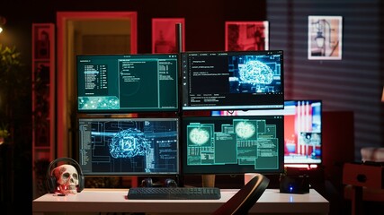 Hacker in hideout interrupted by police sirens from writing malware code on computer, running to escape before getting caught. Criminal den found by anti hacking law enforcement, camera A