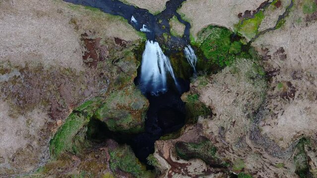 Aerial view of Gljufrabui Waterfall in Iceland, One of the most beautiful waterfalls on the Iceland cave