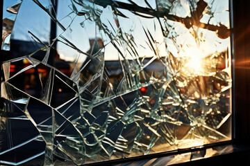 Damaged window glass. Cracks on the glass surface.
