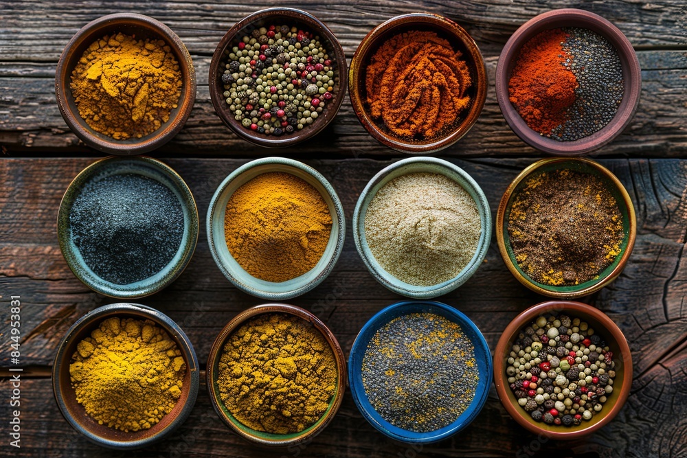 Poster An overhead view of various colorful spices arranged in ceramic bowls on a rustic wooden surface. Generative AI