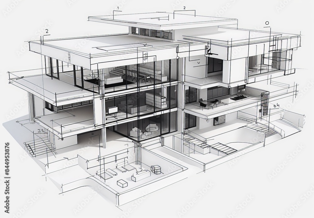 Poster wireframe rendering of a contemporary house with technical details