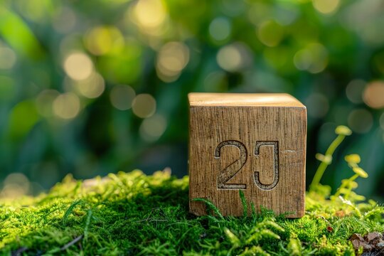 A close-up image of a wooden block with 2J engraved into it, sitting on a bed of moss in a vibrant green garden.