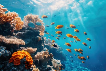 Obraz premium A vibrant coral reef teems with life as a school of colorful fish swims through the clear blue water, a testament to the beauty and fragility of this vital ecosystem.