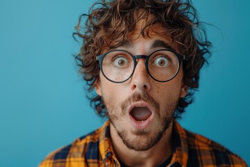 Expressive portrait of a surprised man with curly hair and fashionable black glasses against a blue backdrop