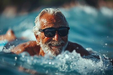 Fototapeta premium An image depicts a person swimming in clear blue water, emphasizing movement and refreshment