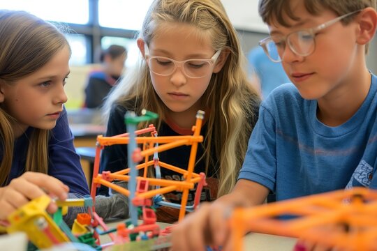 Three students work together on a colorful engineering project, building a structure out of interlocking plastic pieces.