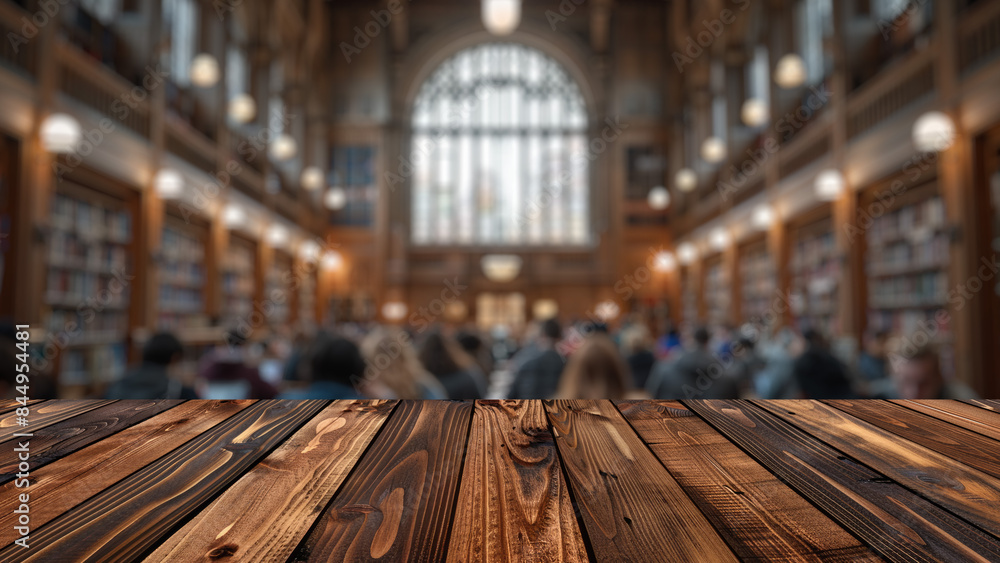 Poster empty wood table top with blur background of library at school or university. the table giving copy 