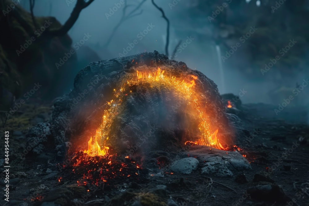 Poster flaming rainbow arch in forest, creating a dramatic and surreal visual effect