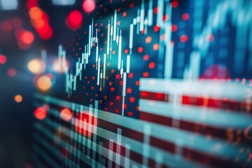 A close-up of a stock market chart displayed on a screen, featuring an American flag pattern with red stars, signifying a strong economic recovery.