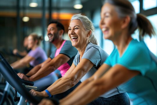 A group of people are smiling and laughing while working out on stationary bikes in a gym.