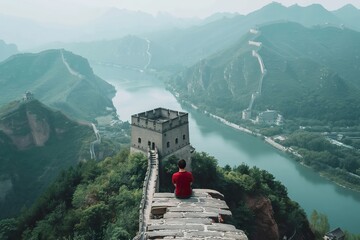 A lone figure sits on the Great Wall of China, overlooking a vast river and the sprawling landscape.
