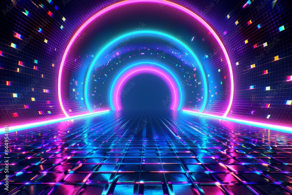 Poster futuristic neon tunnel with rainbow lights, creating a bold and dynamic visual journey